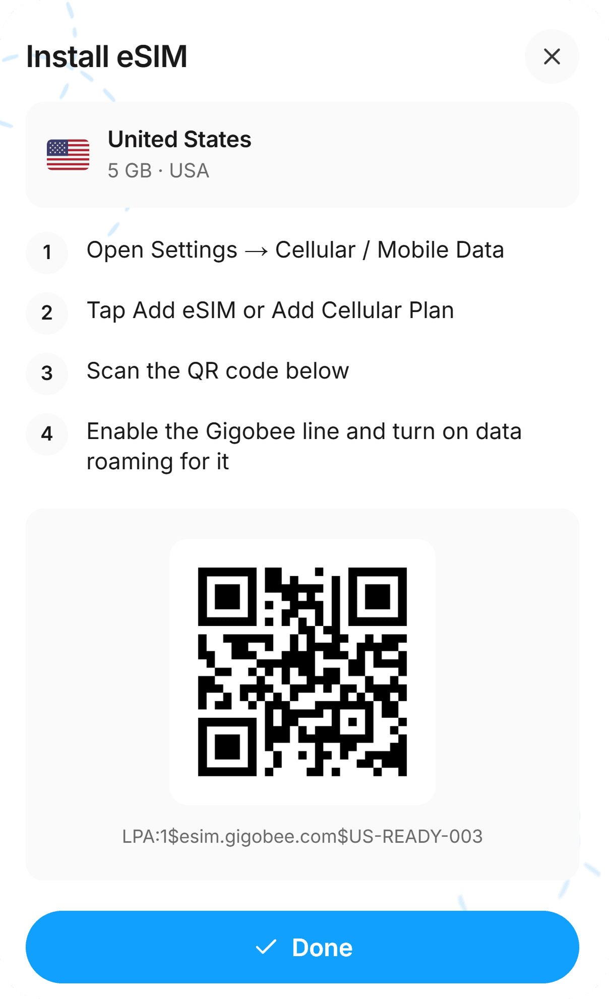 Install eSIM instructions with QR code