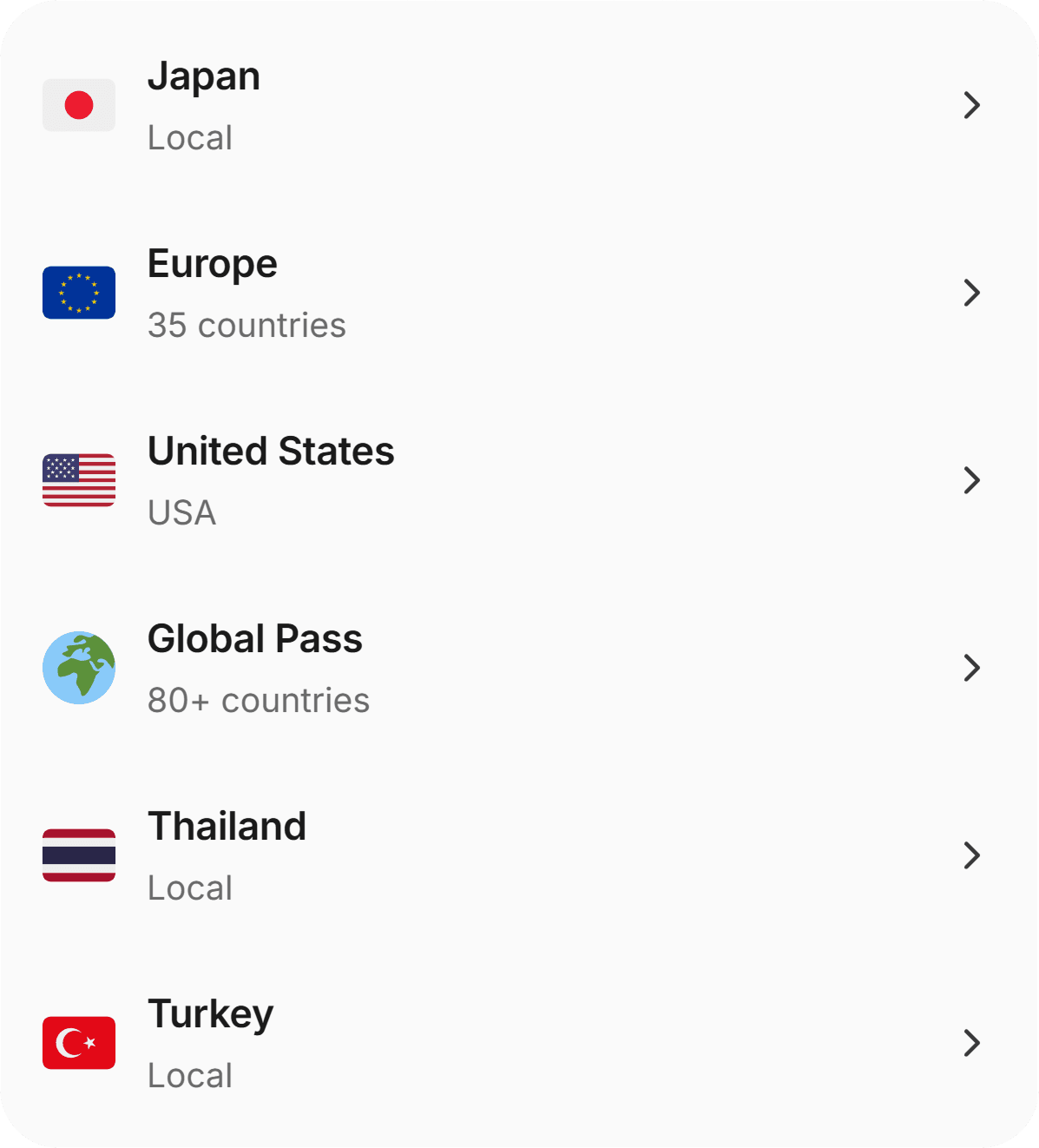 Shop destinations including Japan, Europe, and Global Pass